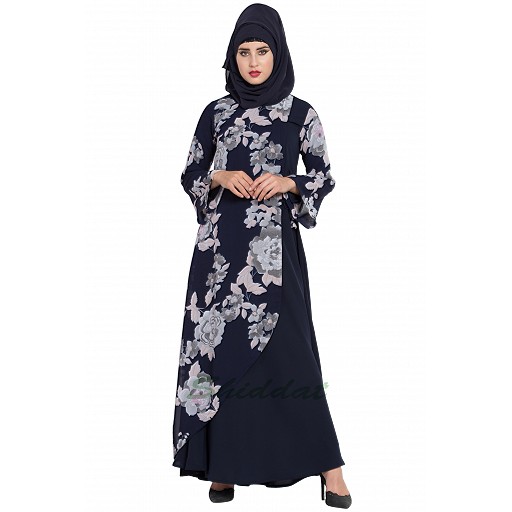 Dress abaya with Floral print- Navy Blue